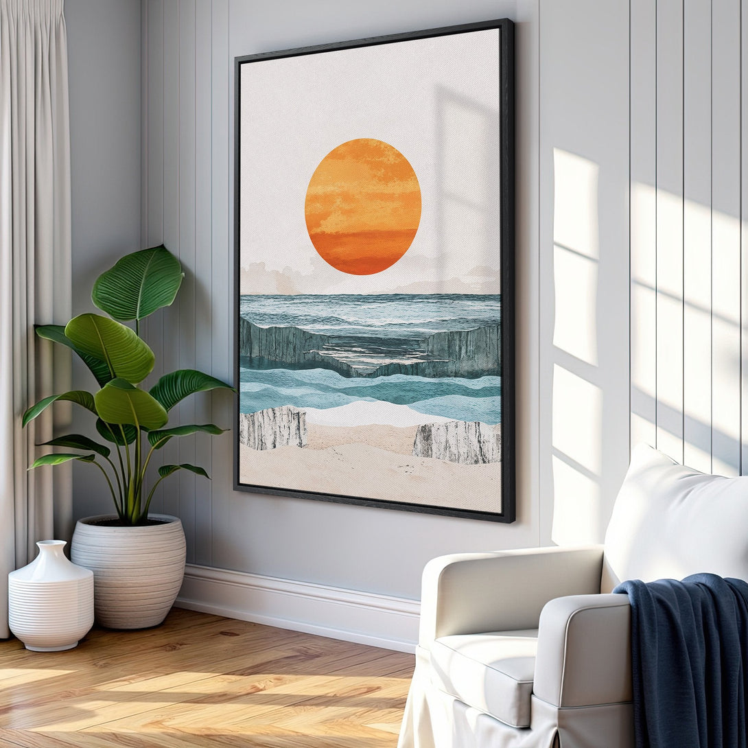 Framed Wall Art: Abstract sunset over the ocean in warm orange and blue tones. Modern canvas print adds a touch of serenity to any space.