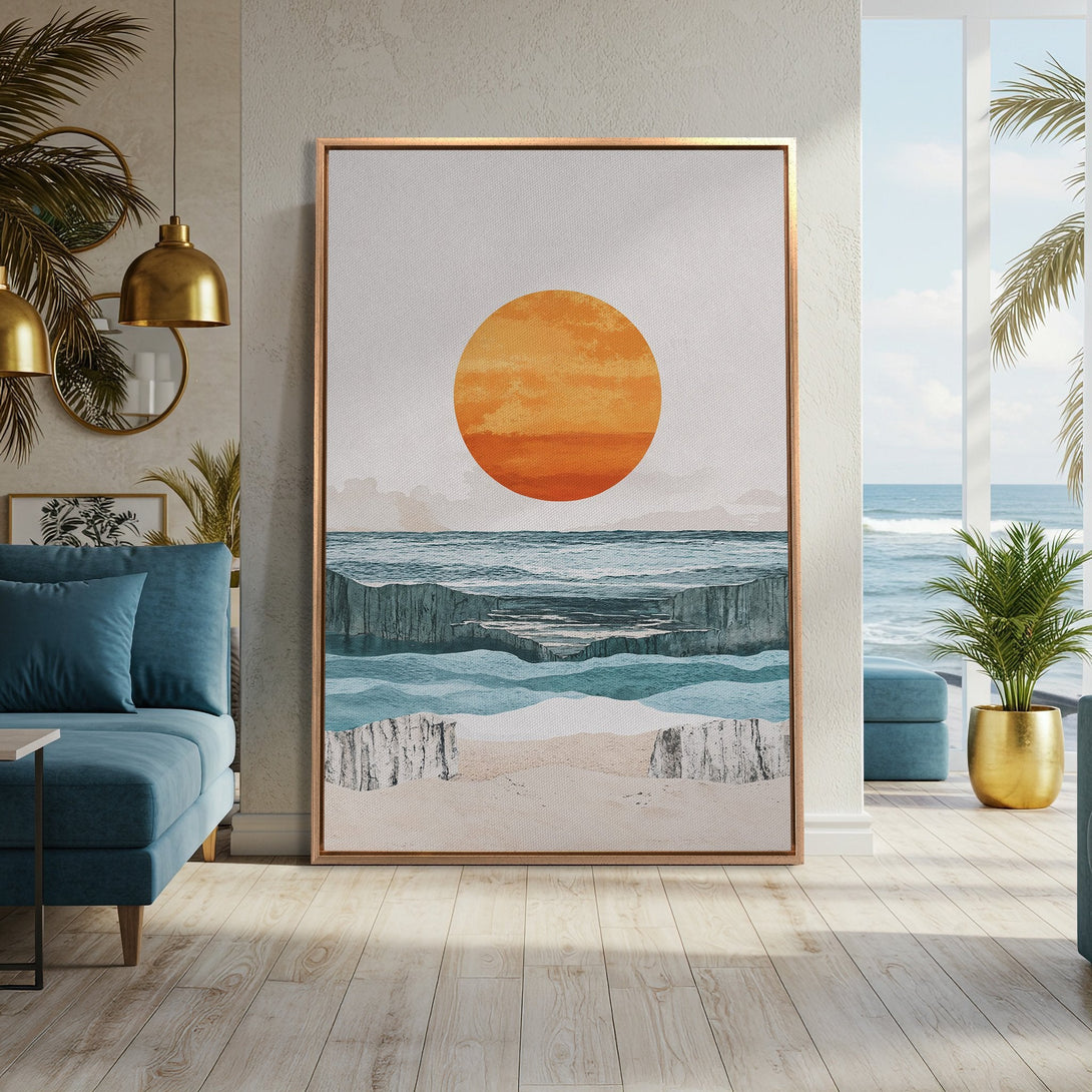 Framed Wall Art: Abstract sunset over the ocean in a modern interior. Earthy tones of orange, blue, and beige. Perfect for coastal decor.