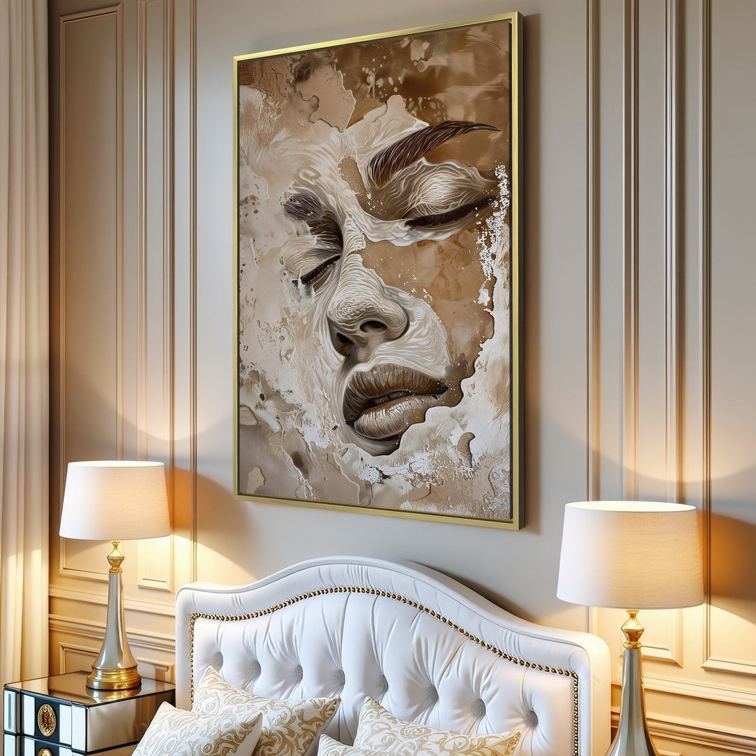 Canvas Print of a woman's face in neutral tones, abstract art style. Perfect for adding a touch of elegance to any room.