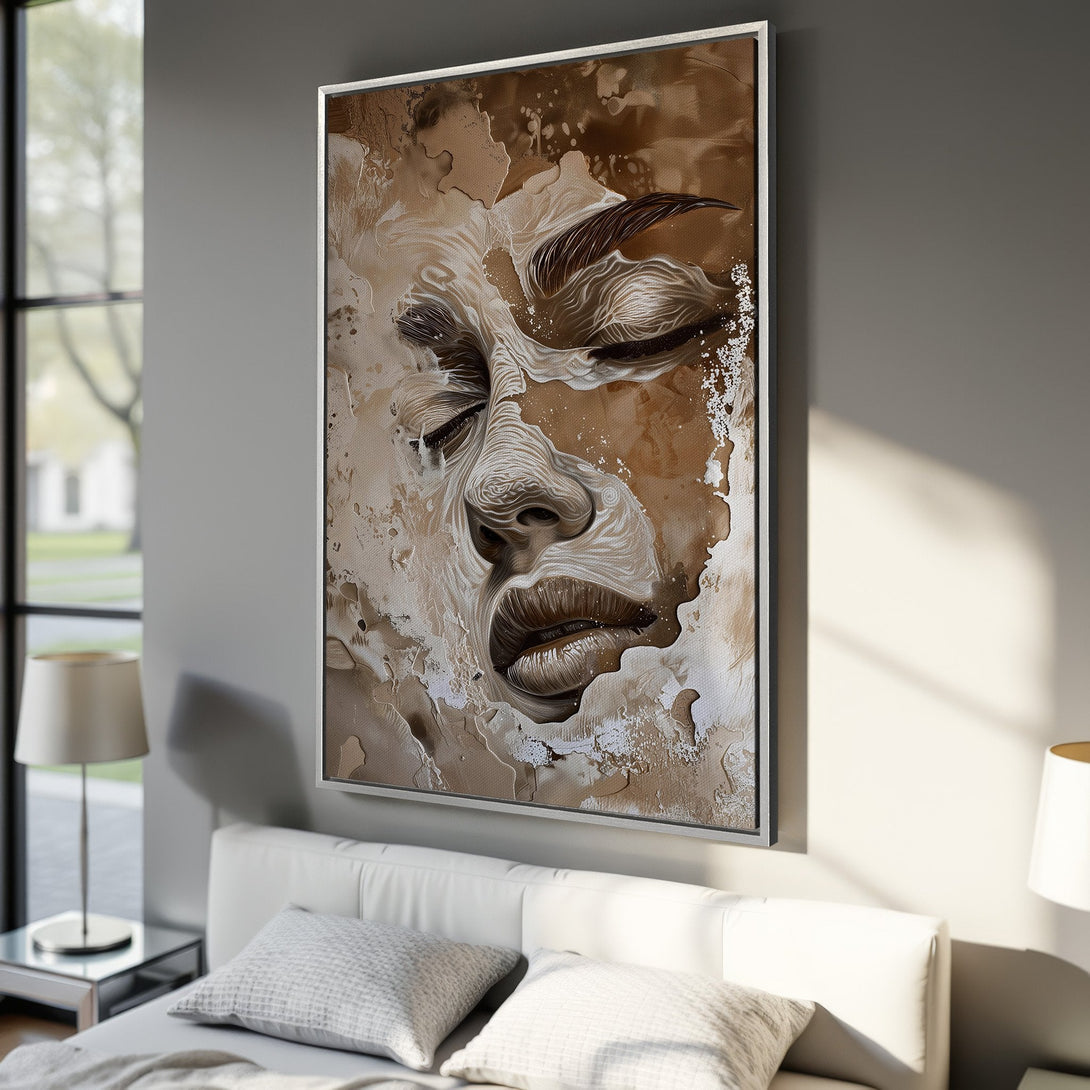 Framed Wall Art: Abstract face portrait in warm brown tones. Modern art Canvas Print for bedroom decor. Enhance your space with this elegant artwork.