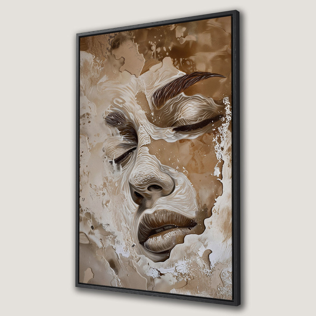 Framed Wall Art: Abstract face art in neutral tones. Modern canvas print with a warm, earthy color palette, perfect for adding style to any space.