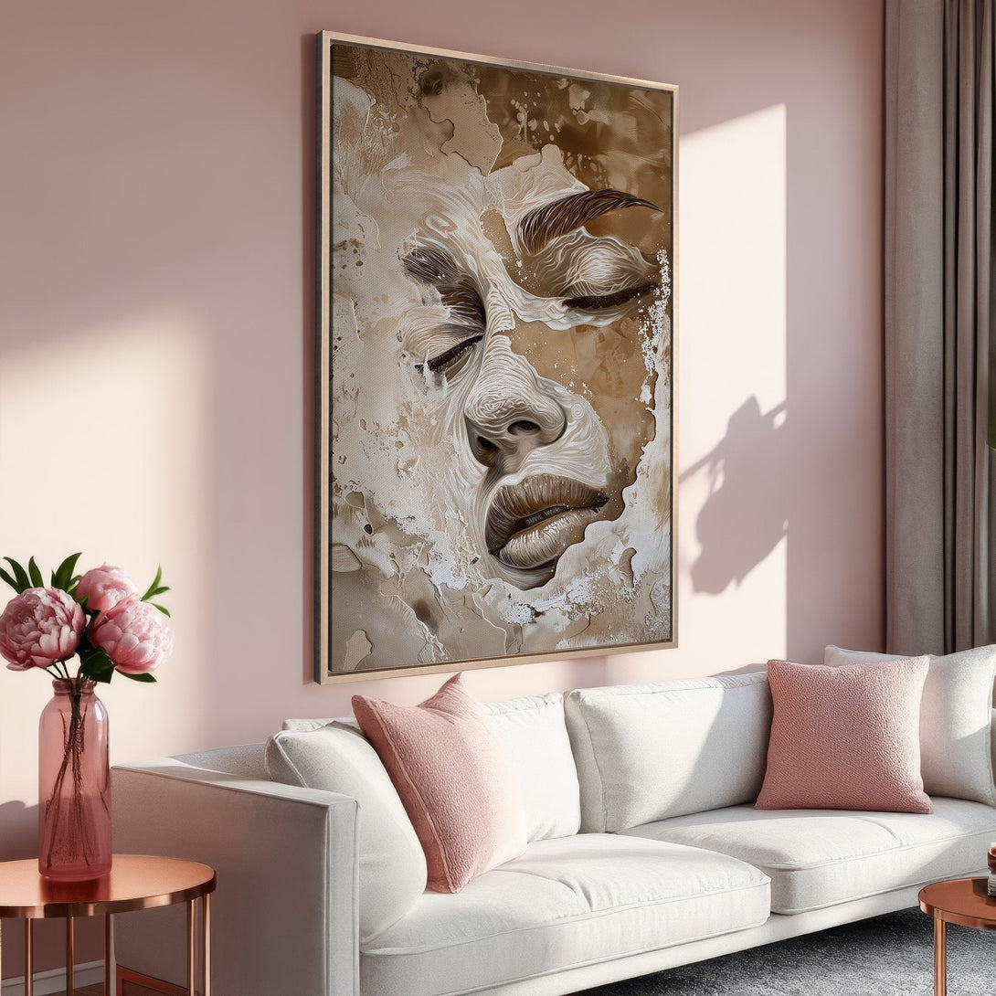 Framed Wall Art featuring a textured face in neutral tones. Modern art piece with a warm, inviting color palette. Perfect for adding elegance to any interior.