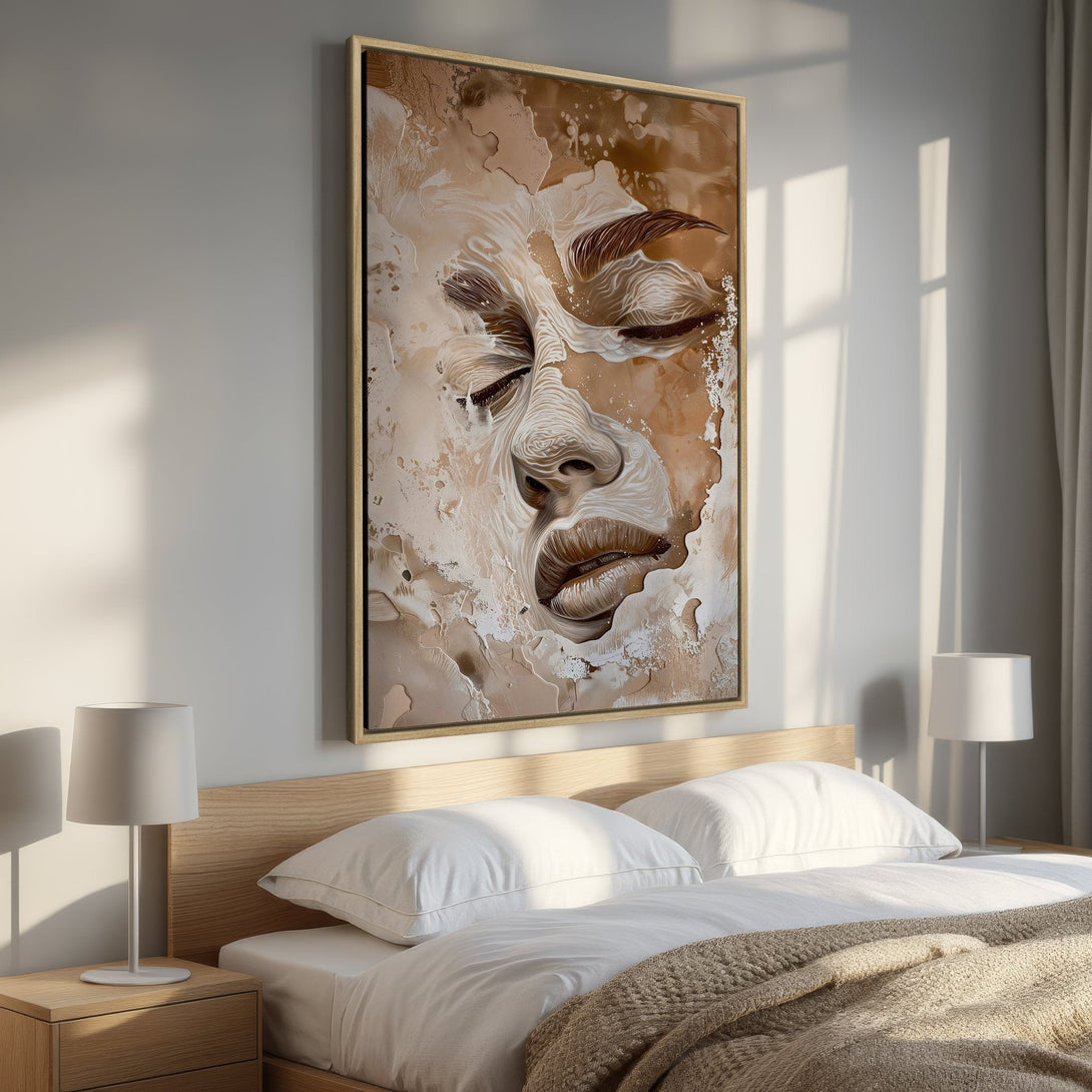 Framed Wall Art of a serene face in a neutral, warm color palette. Modern abstract art perfect for bedroom decor. Add a touch of elegance to your space!