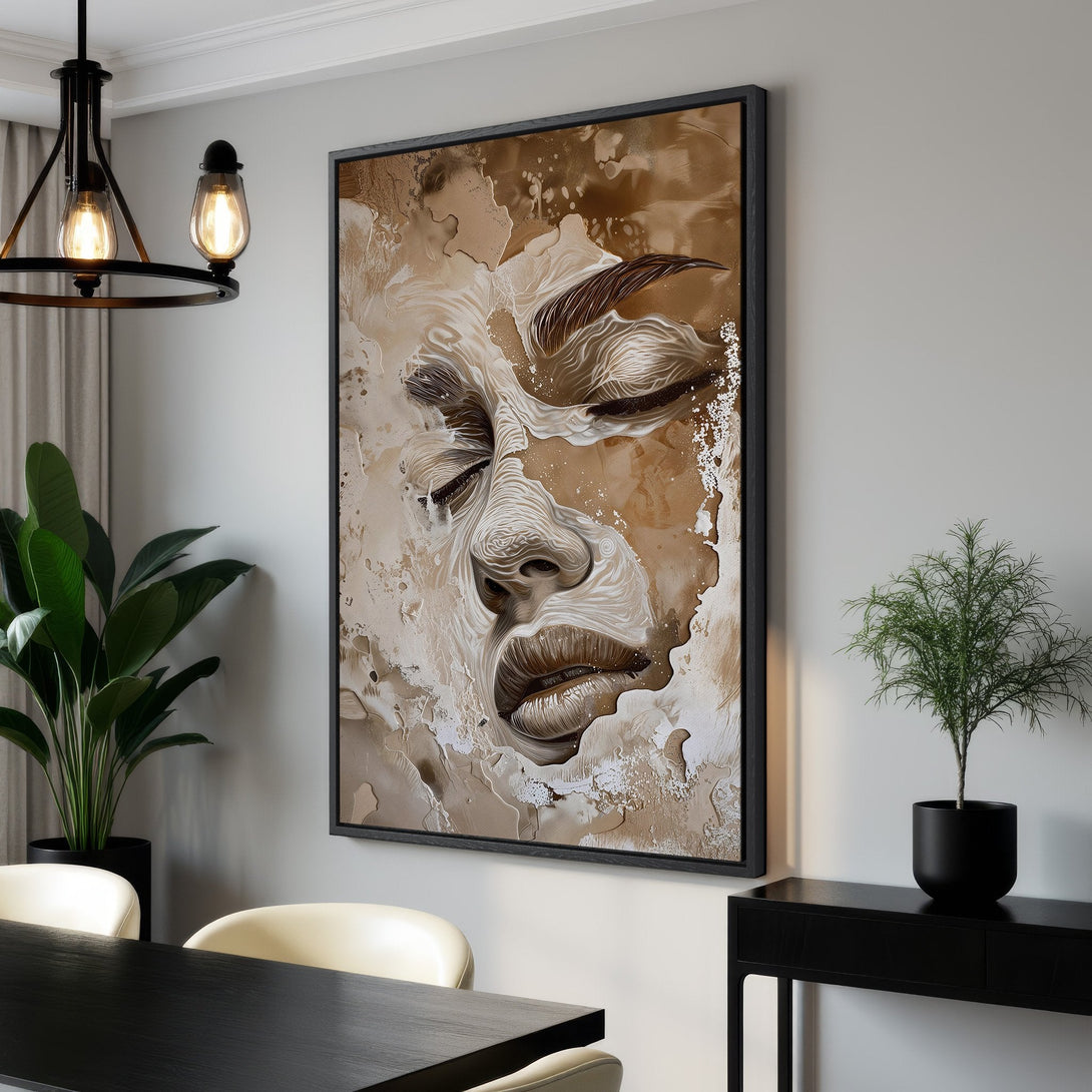 Framed Wall Art featuring an abstract face in a neutral brown and cream palette. Modern art canvas print perfect for any interior design.