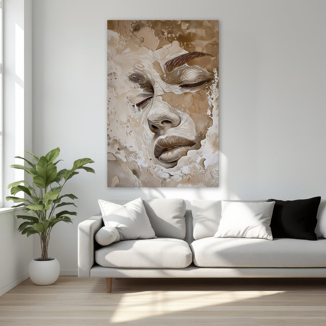 Framed Wall Art featuring an abstract face in warm browns and creams. Modern art canvas print adds a touch of elegance to any bedroom.