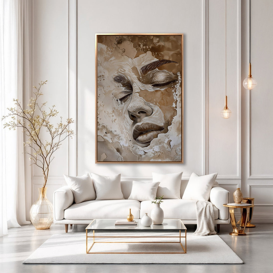 Framed Wall Art featuring an abstract face in neutral brown tones. Modern art canvas print adds a touch of elegance to any interior.