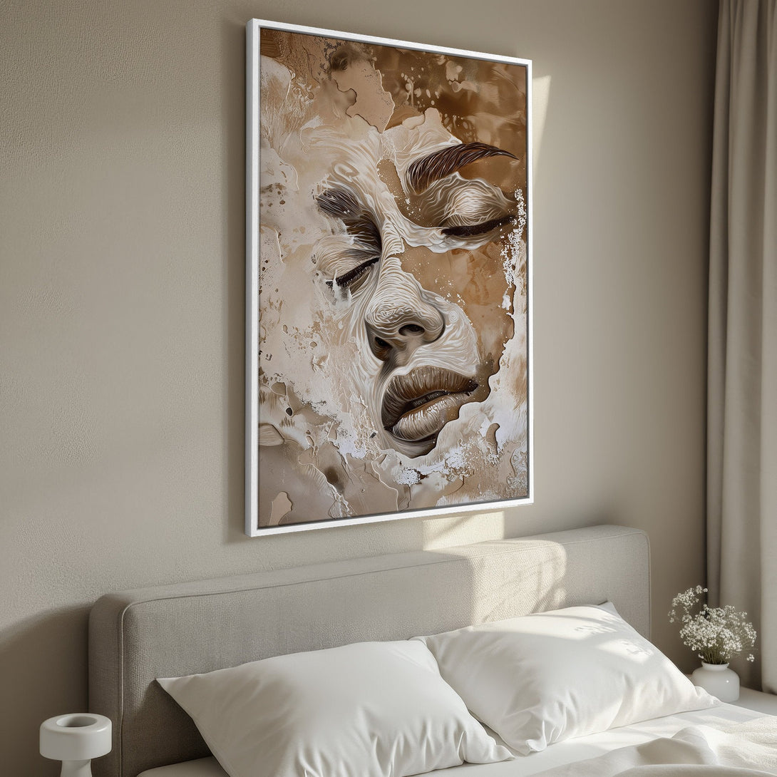 Framed Wall Art featuring a serene abstract face in warm brown tones. Modern art for bedroom decor. Neutral color palette creates a calming atmosphere.