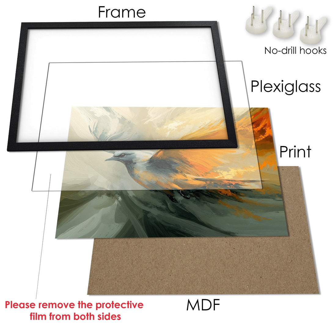 Framed Poster with abstract bird art. Features a warm color palette of orange, yellow, and green. Perfect wall decor!