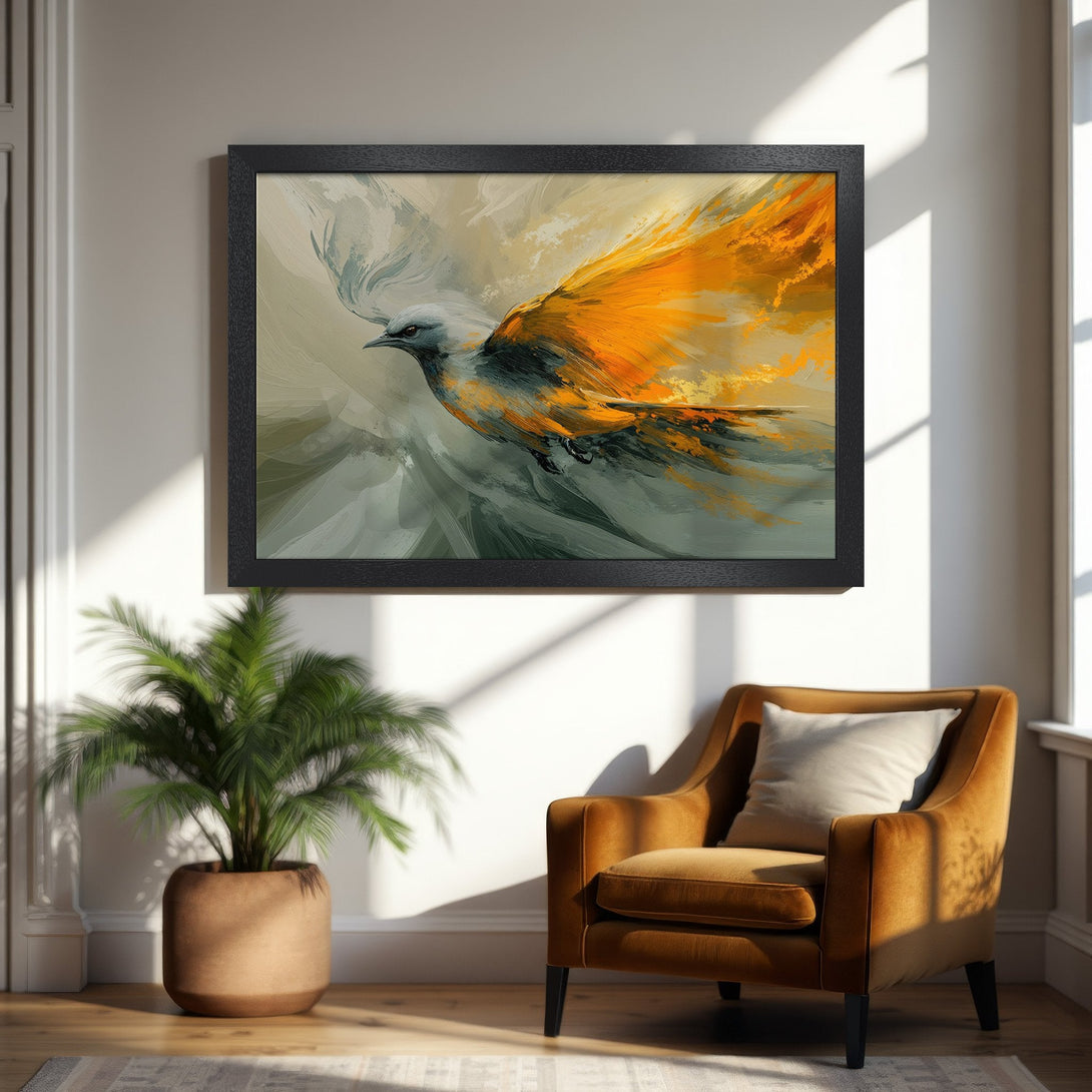 Framed Poster featuring a bird in flight, abstract style, with orange and gray tones. Perfect wall art for your home!