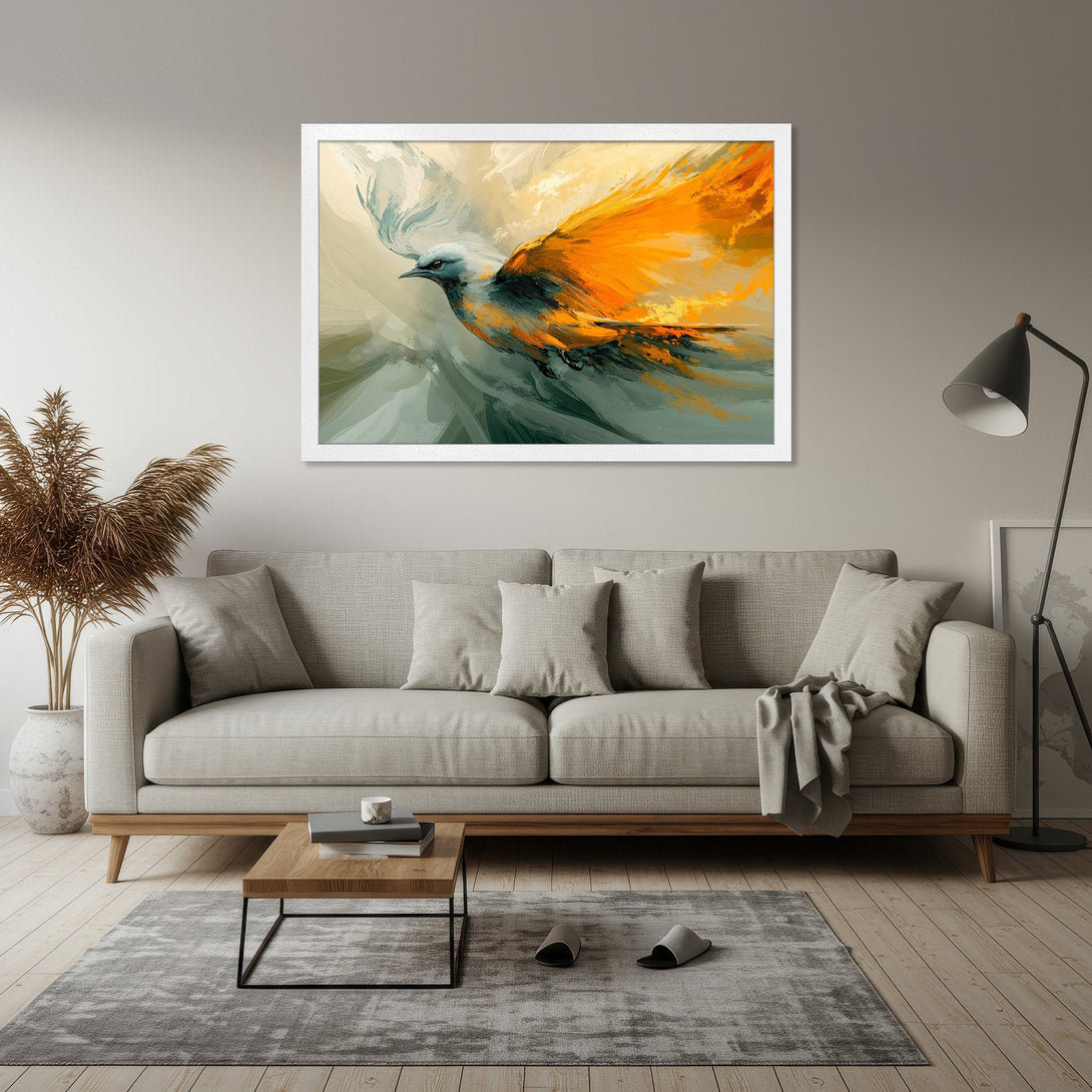 Framed Poster featuring an abstract bird in flight, vibrant orange and teal hues. Add artistic flair to your space!