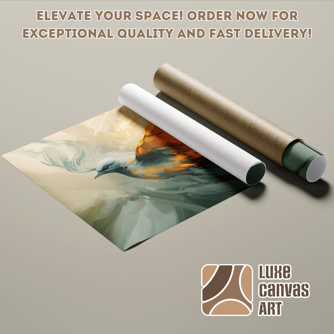 Abstract bird art Poster Roll in teal, orange, and beige. Elevate your space!
