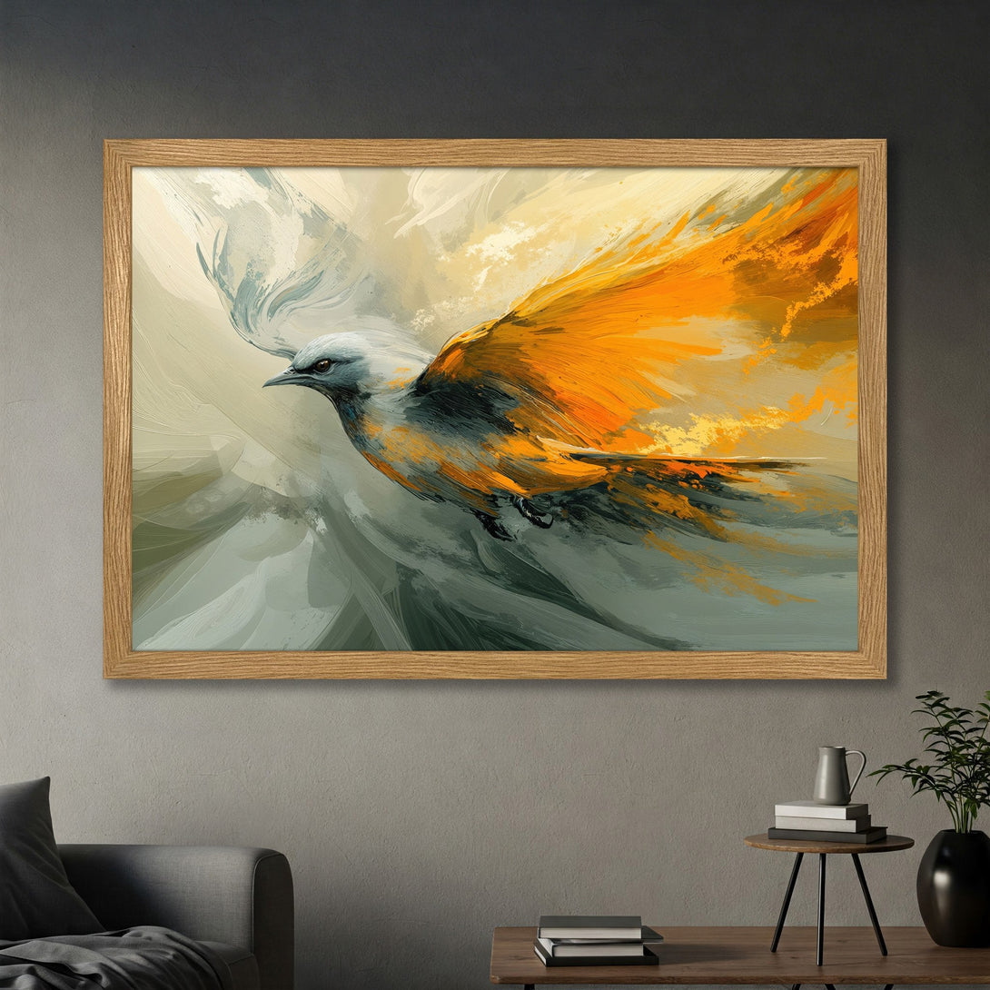 Framed Poster featuring a vibrant bird painting in an expressive style with warm orange, grey, and white hues. Elevate your space!