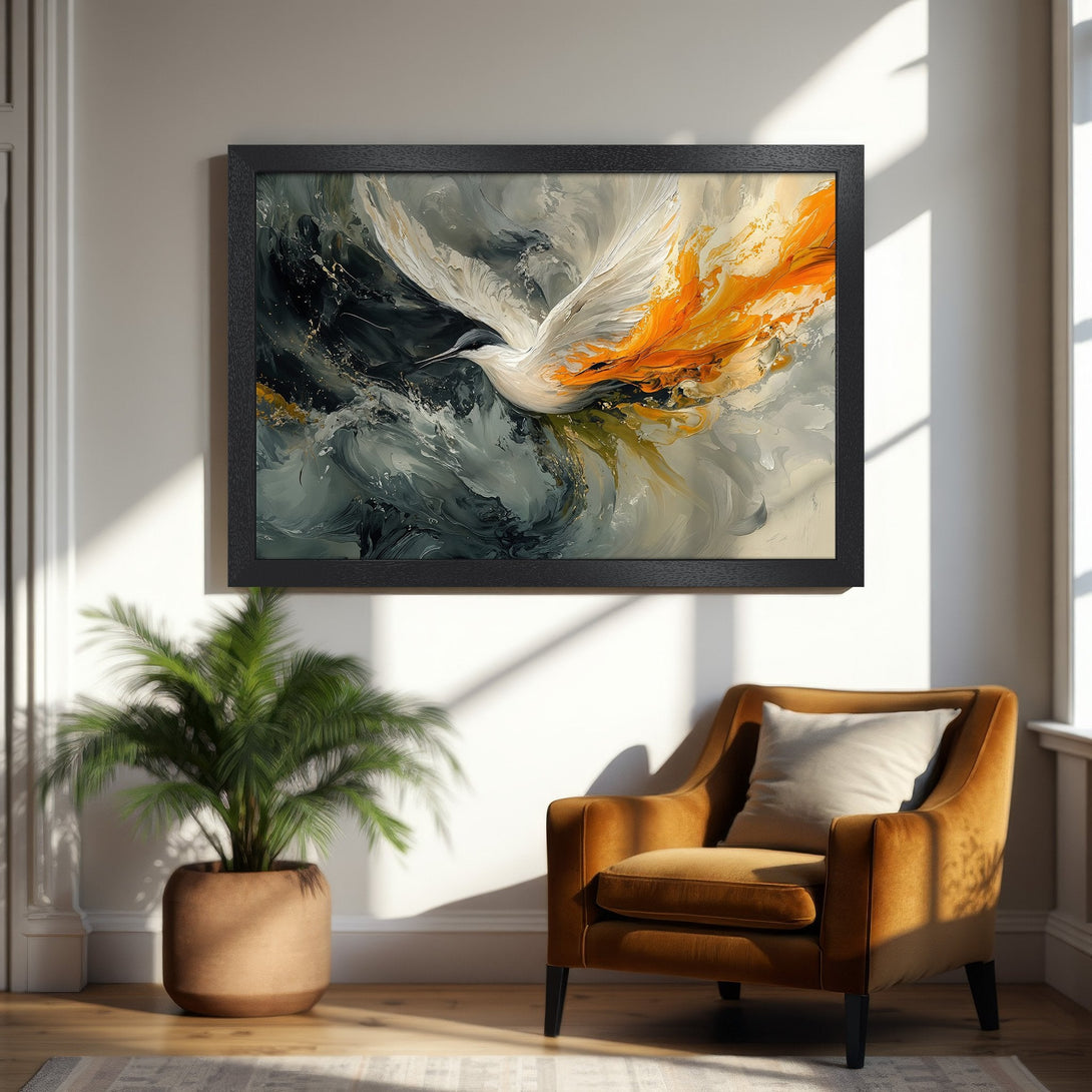 Framed Poster featuring abstract bird art in gray, white, and orange tones. Elevate your space with this stunning wall art.