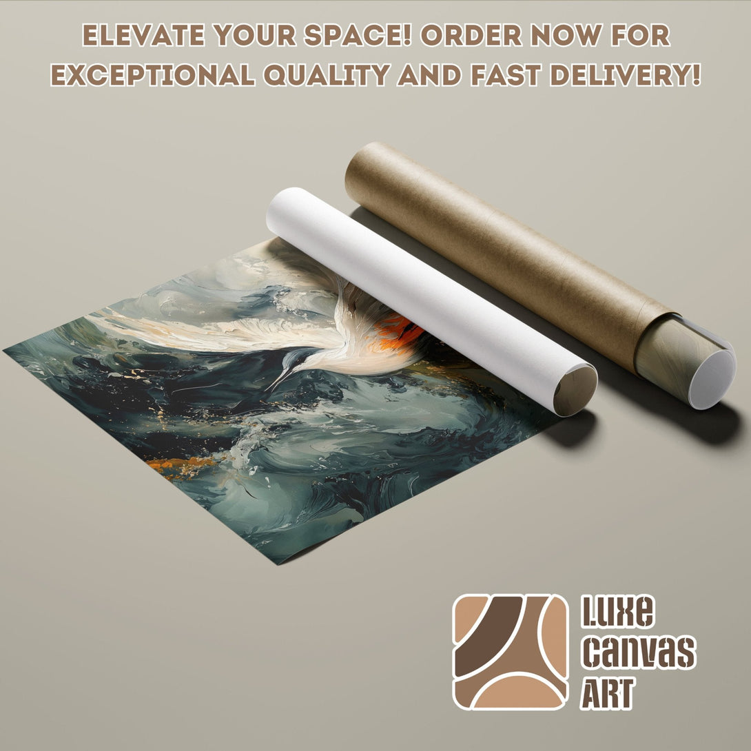 Abstract Poster Roll with bird in teal, gold, & white. Elevate your space!