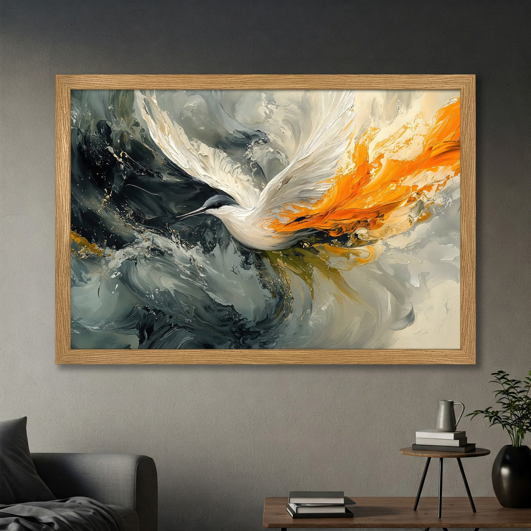 Framed Poster featuring a white bird in abstract style with a gray, orange, and gold color palette. Perfect wall art for any room.