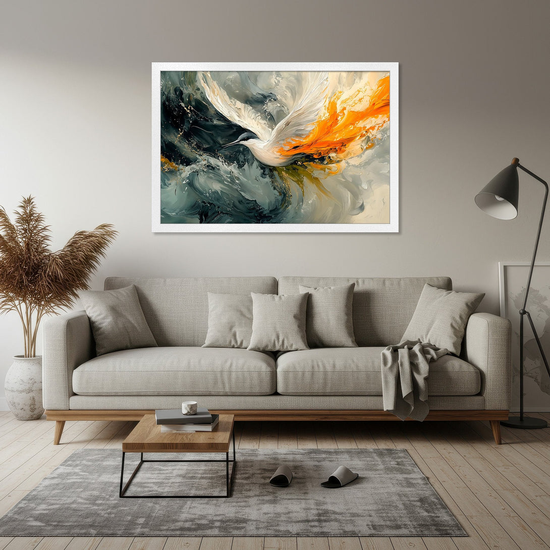 Framed Poster featuring an abstract bird in flight, with a dramatic, painterly style and a palette of teal, white, and orange.