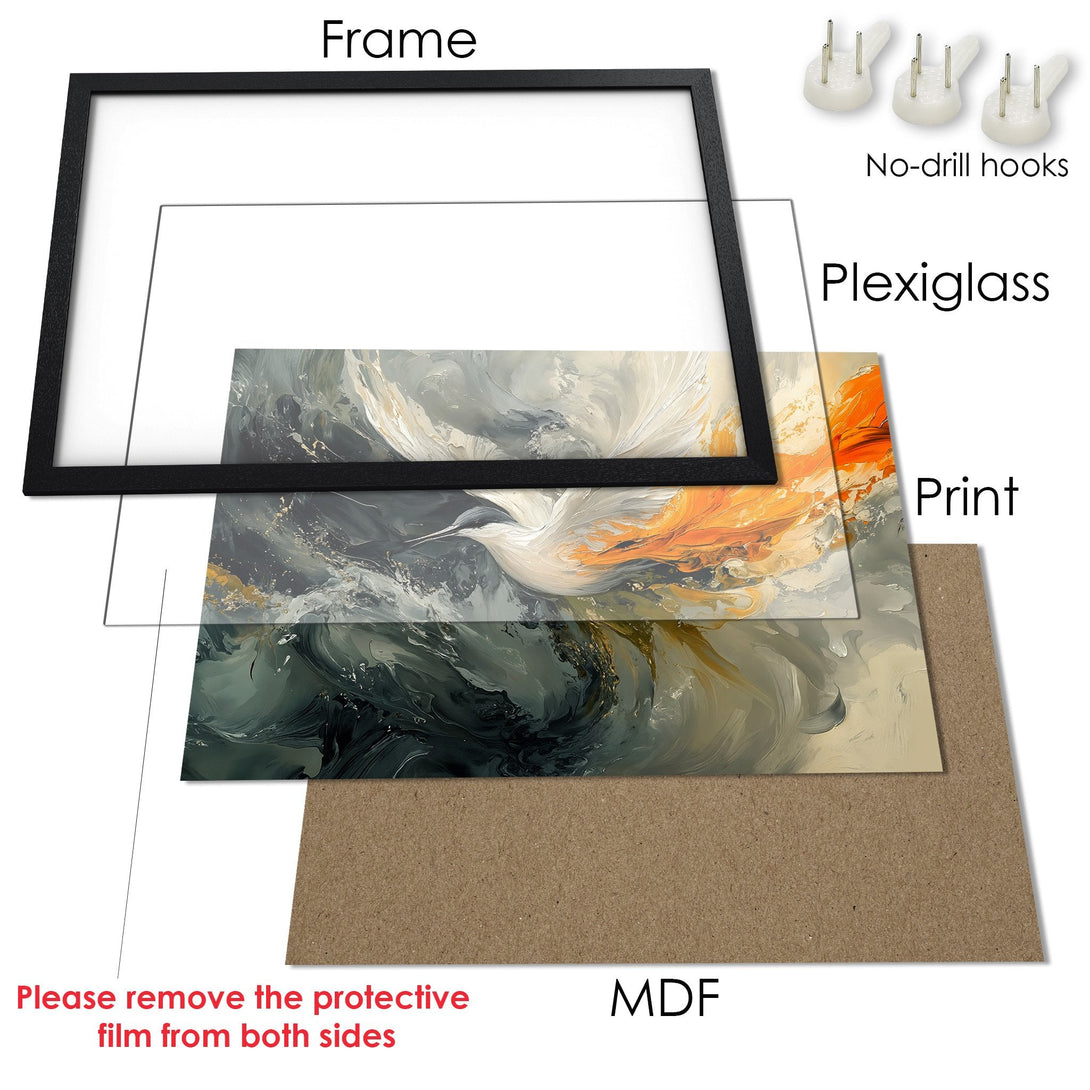 Framed Poster featuring an abstract bird art print with a neutral and orange color palette. Perfect wall decor!