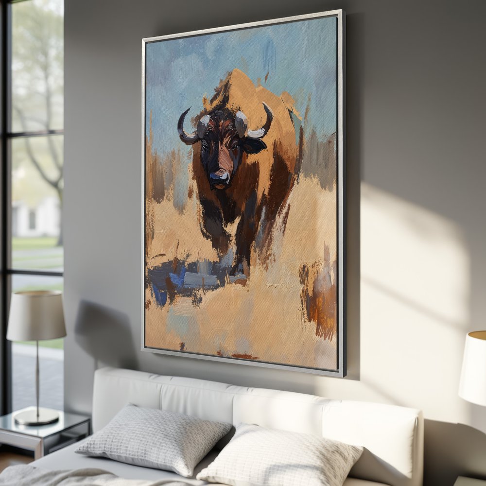 Framed Wall Art: Bison painting in warm earth tones and blue sky. Rustic style Canvas Print adds artful touch to any room.