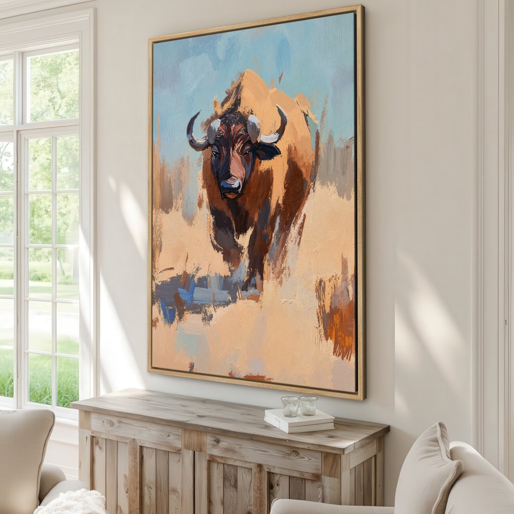 Framed Wall Art: Majestic bison painting in warm earth tones and cool blues. Add a touch of wild beauty to your home with this stunning canvas print.