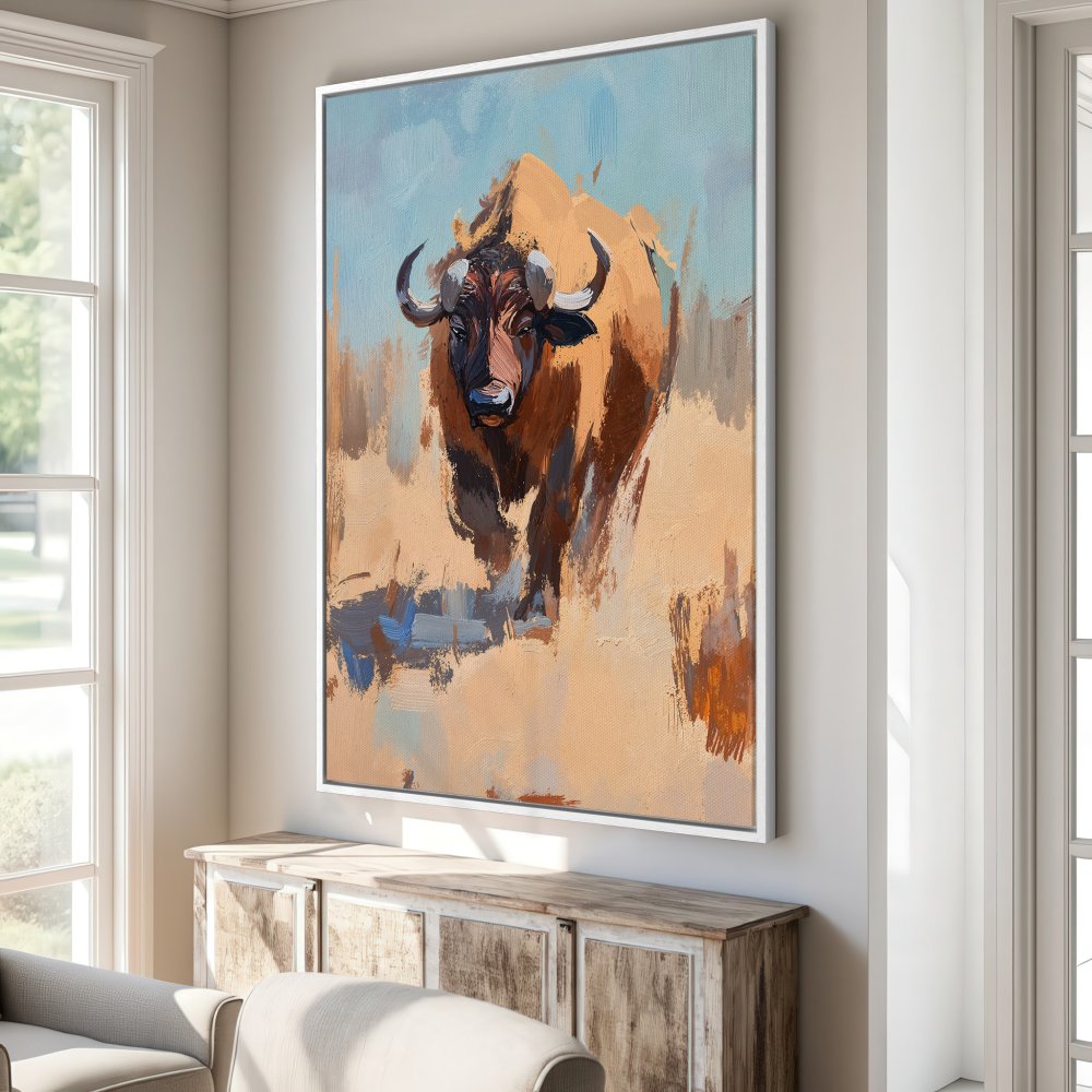Framed Wall Art: Impressive bison painting in warm earth tones. Bring the wild indoors with this stunning canvas print!