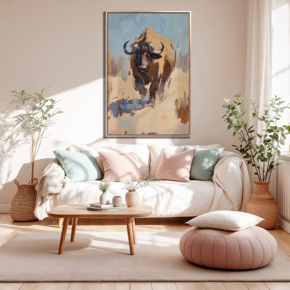 Framed Wall Art: Impasto bison painting in warm earth tones. Rustic art for living room decor. Canvas Print, ready to hang.