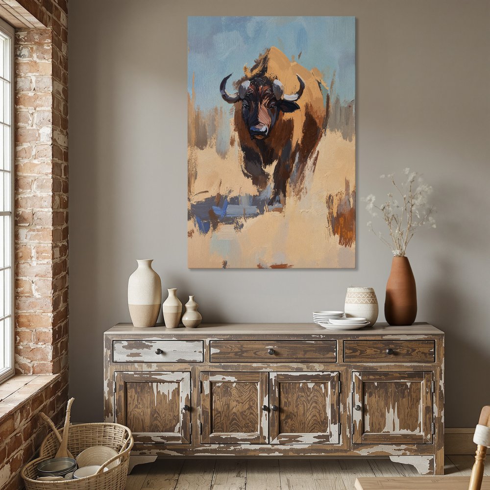 Framed Wall Art: Bison painting in warm tones. Rustic style canvas print adds a touch of nature and elegance to your dining room decor.