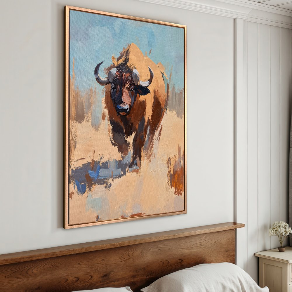 Framed Wall Art: Majestic bison painting in warm earth tones and blue sky. Add a touch of wildlife art to your home decor!