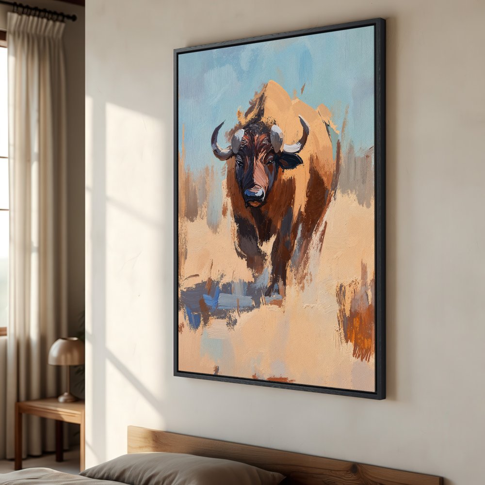 Framed Wall Art: Bold bison painting in warm earth tones and blue accents. Add a touch of rustic elegance to your space with this stunning canvas print.