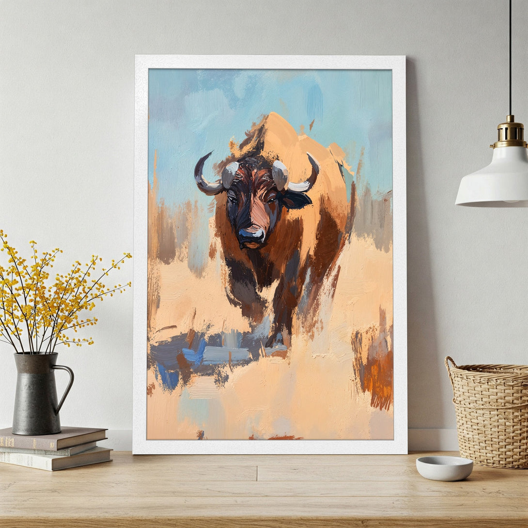 Framed Poster of a bison in an impressionistic style with a warm, earthy color palette. Perfect wall art!