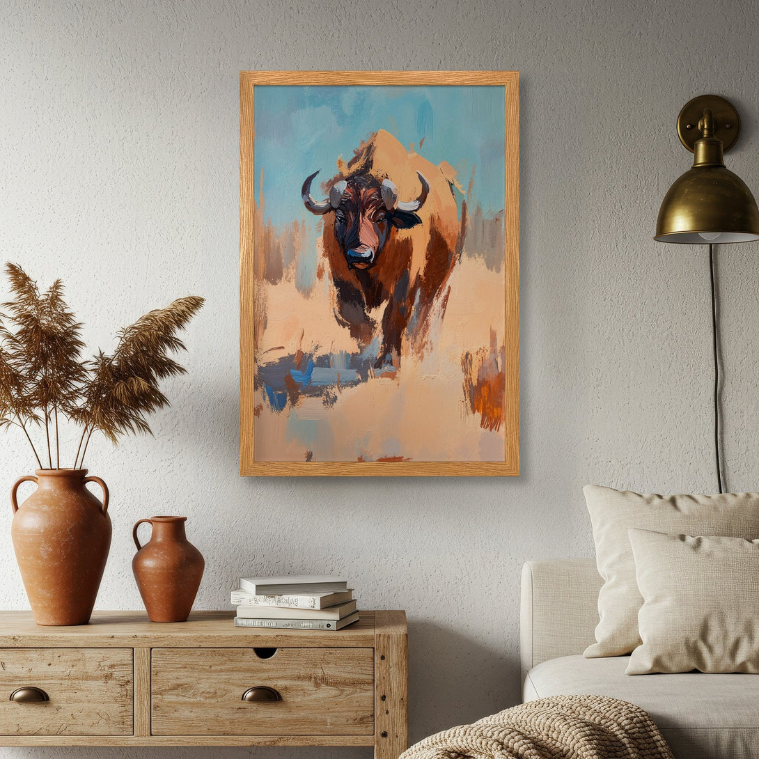 Framed Poster featuring a bison painting in an expressive, impressionistic style with warm earth tones and blue accents. Perfect wall art!