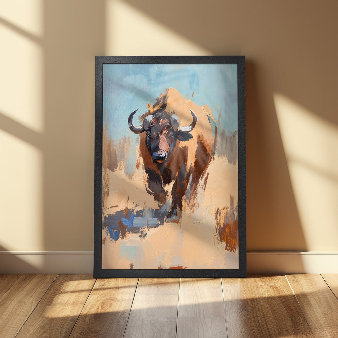 Framed Poster of a bison in an abstract style with a warm, earthy color palette. Add a touch of nature to your space!