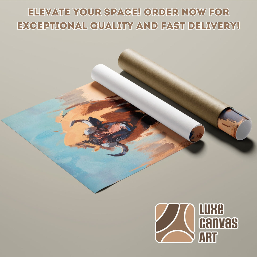 Poster Roll featuring an abstract bull painting in warm tones. Elevate your space with this unique art piece!
