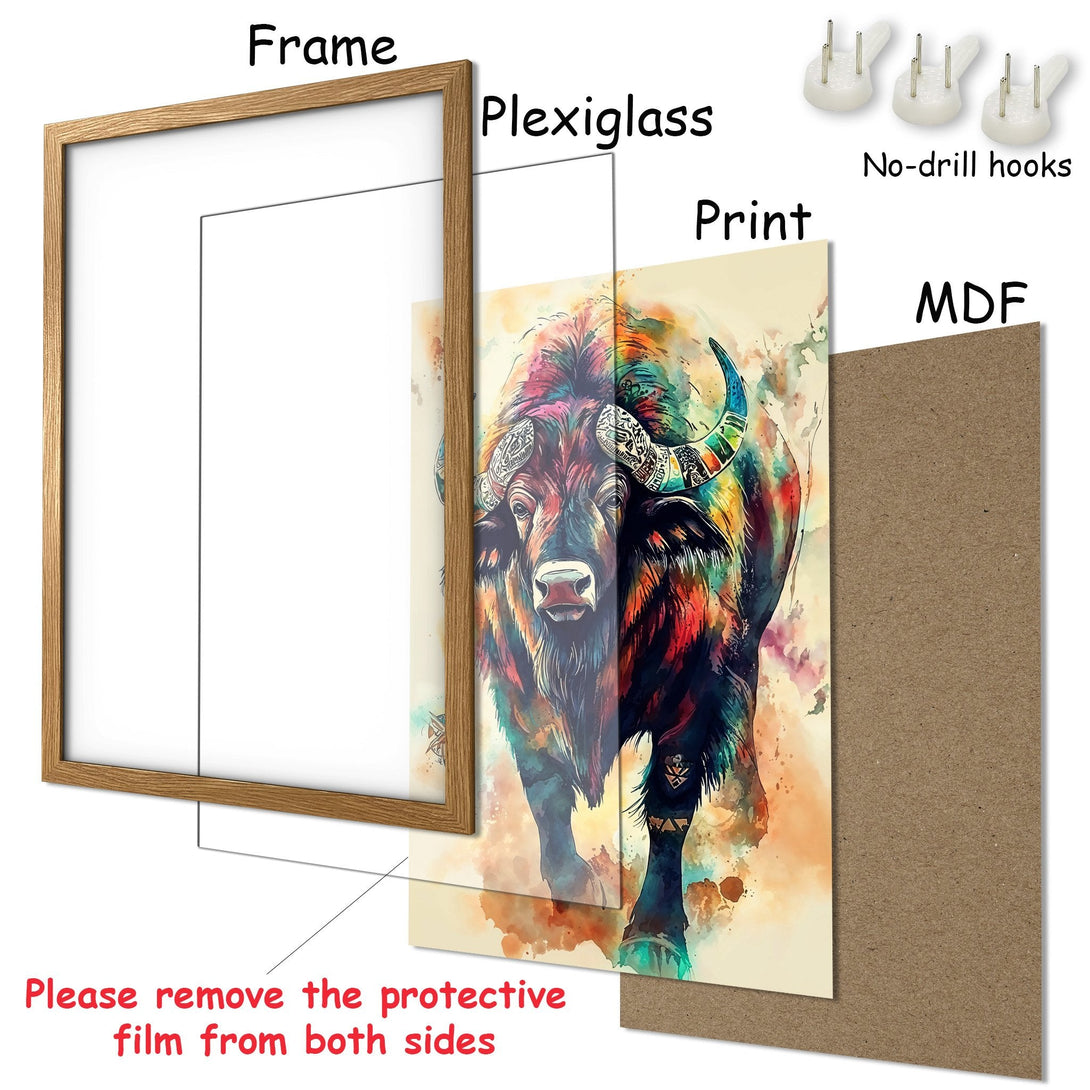 Framed Poster featuring a watercolor bison with vibrant colors. Perfect wall art for any room!