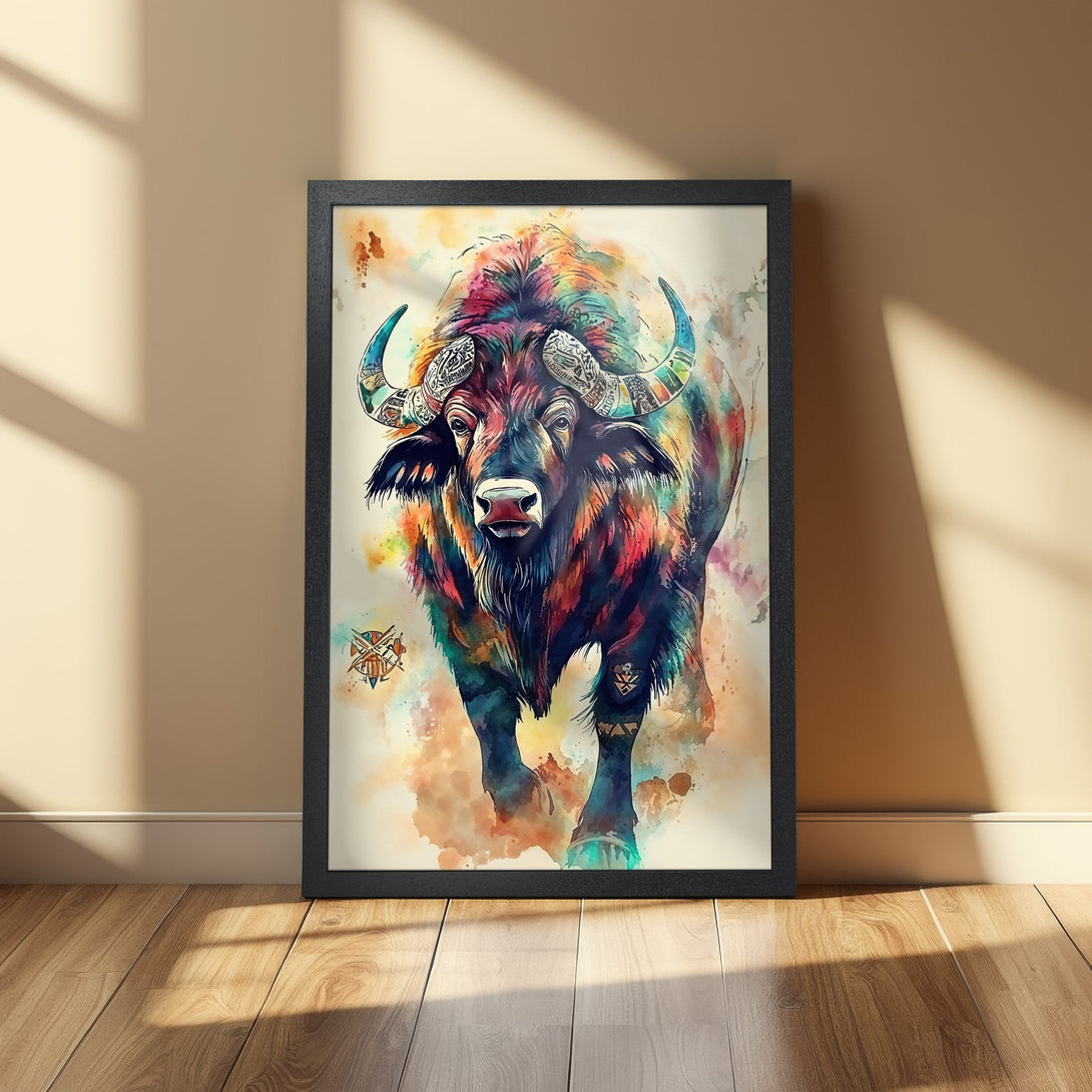 Framed Poster featuring a vibrant watercolor buffalo. Bold colors in a rainbow palette. Perfect art for your home!