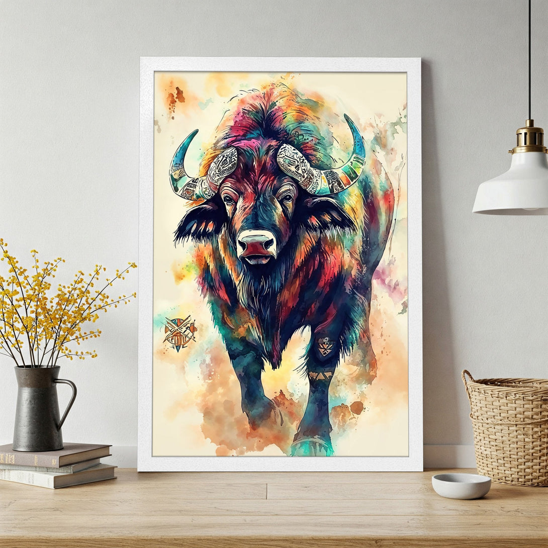 Framed Poster featuring a vibrant watercolor buffalo. Colorful artwork with a warm, earthy palette. Perfect wall art!