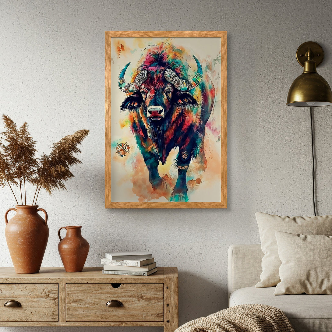 Framed Poster featuring a vibrant, colorful buffalo in watercolor style. Perfect wall art with a warm, earthy color palette.