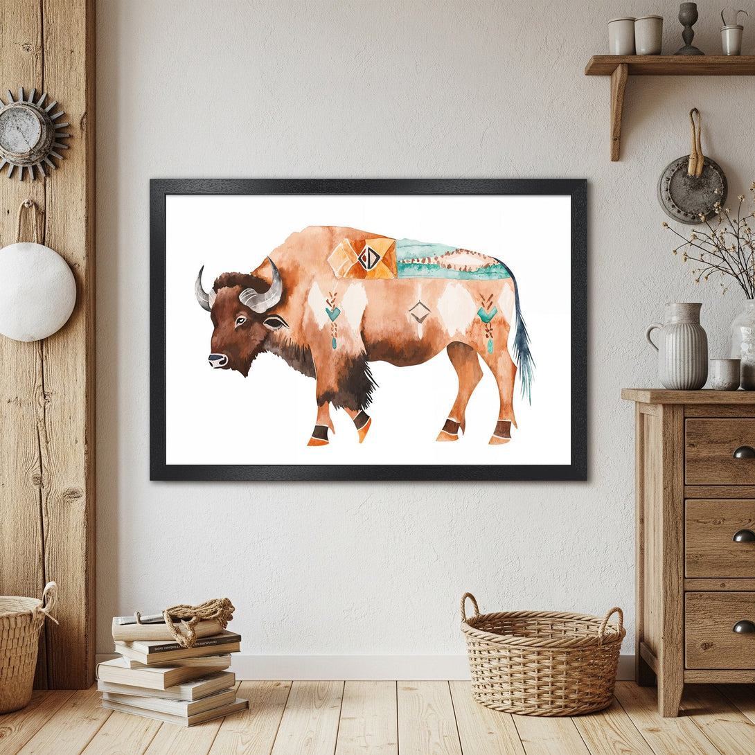 Framed Poster featuring a watercolor bison with tribal details. Earthy tones and turquoise accents create a bohemian vibe.