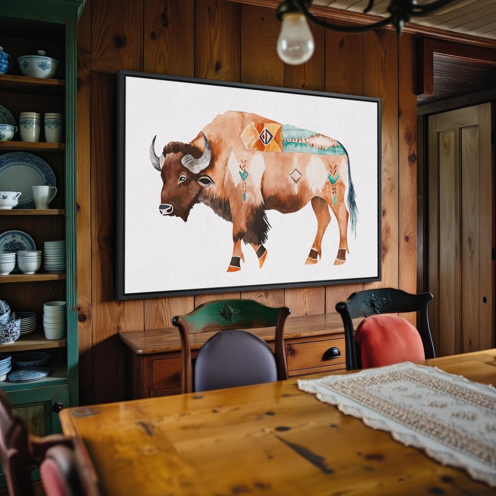 Watercolor Canvas Print of a bison in earthy tones. Rustic wall art perfect for your home decor.