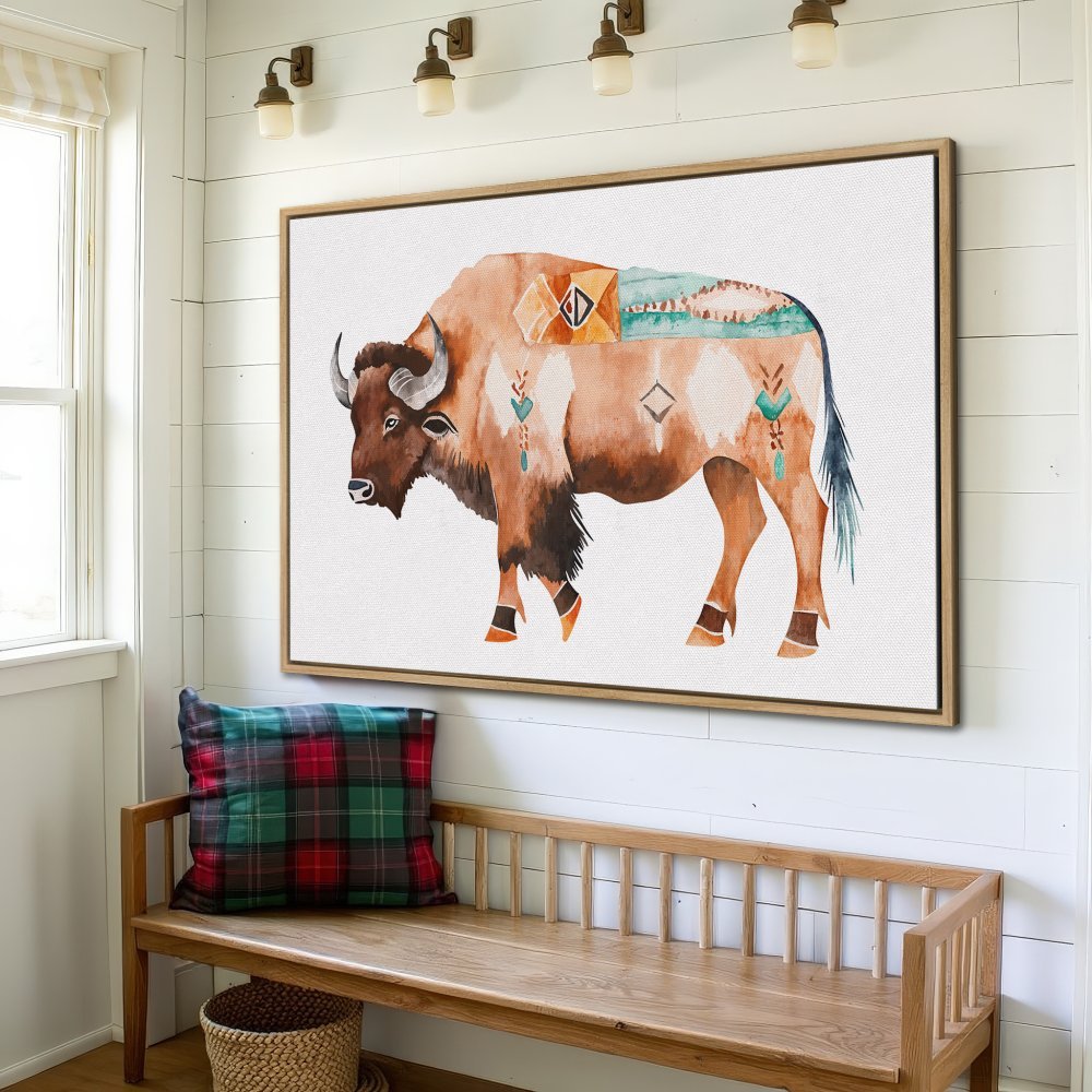 Framed Wall Art: Watercolor bison print in warm earth tones. Perfect rustic decor for your home. Shop now!