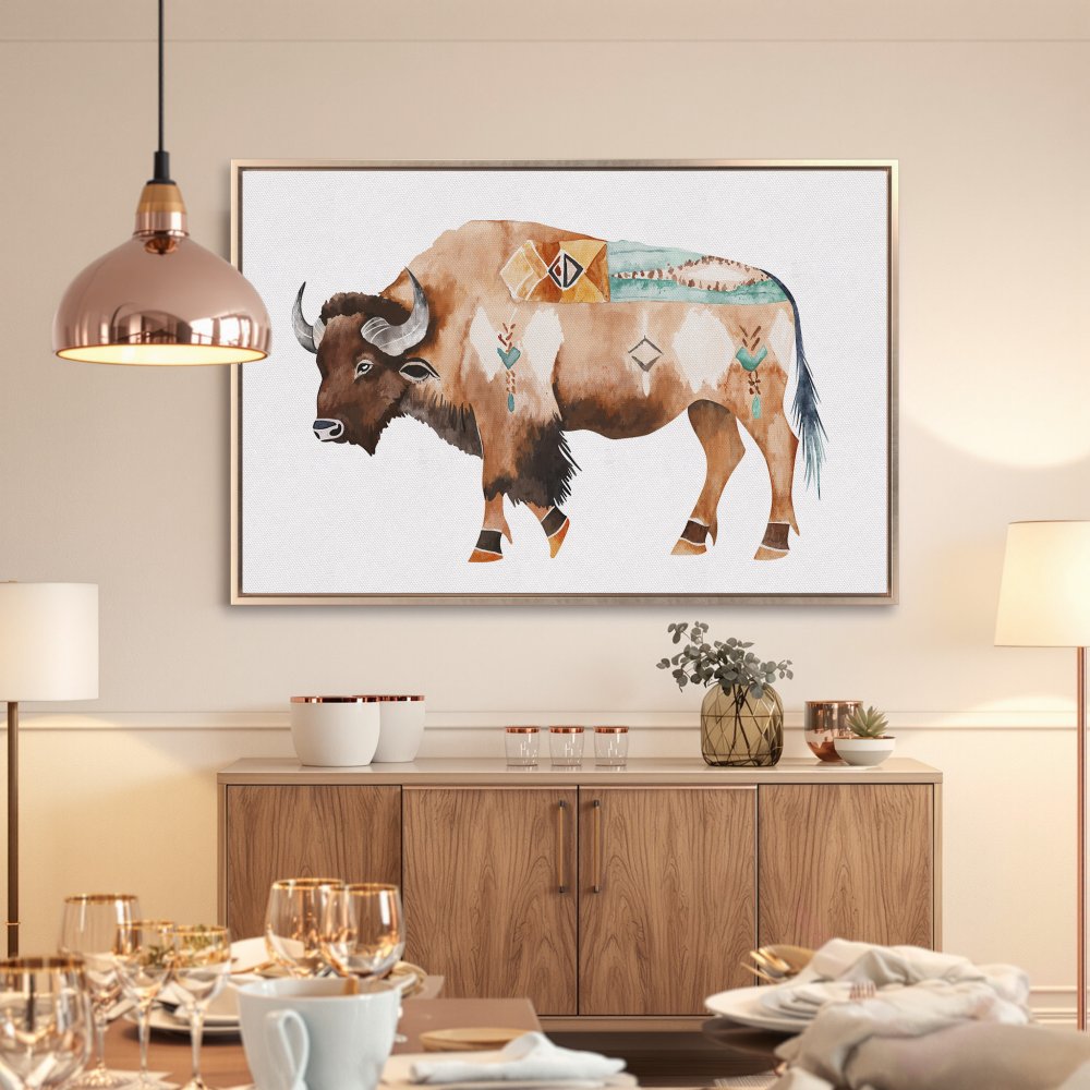 Watercolor Canvas Print of a bison in warm earth tones. Boho style framed wall art for your home decor.