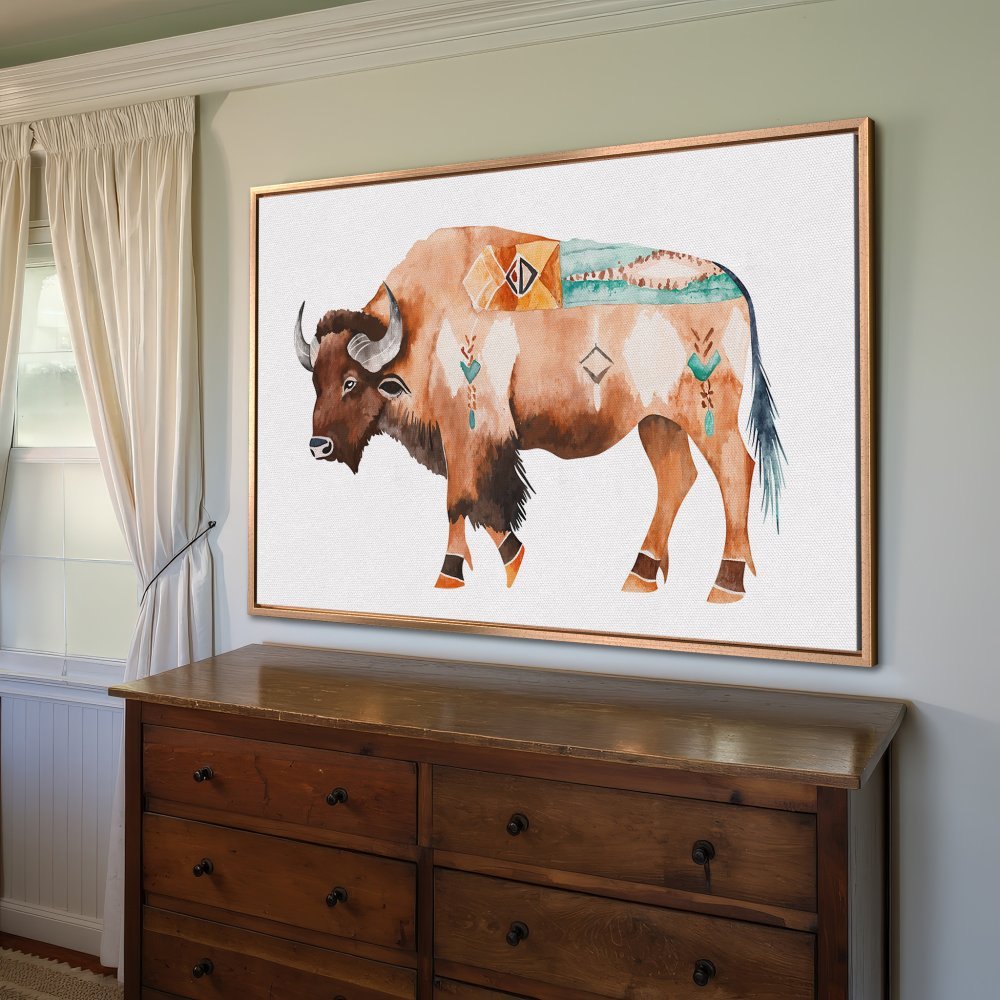 Framed Wall Art: Watercolor bison print in warm earth tones. Bohemian style canvas art for a cozy, rustic interior.