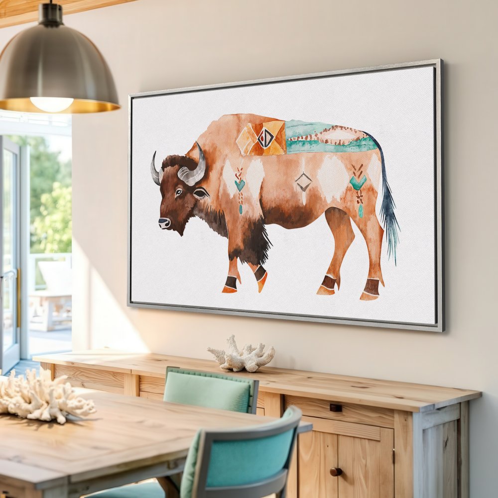 Framed Wall Art: Watercolor bison print in warm earth tones. Boho style Canvas Print adds rustic charm to any space. Shop now!
