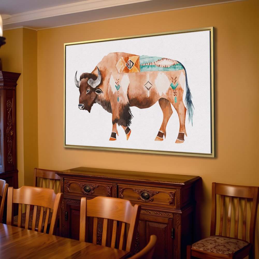 Canvas Print featuring a watercolor bison in warm earth tones, perfect for rustic or boho decor.