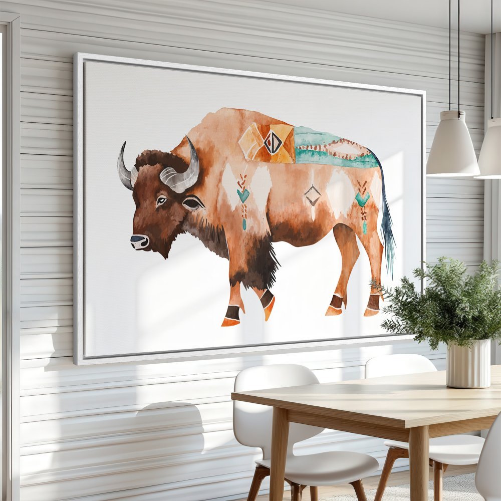 Watercolor Canvas Print of a bison in warm earth tones. Rustic wall art for your home decor.