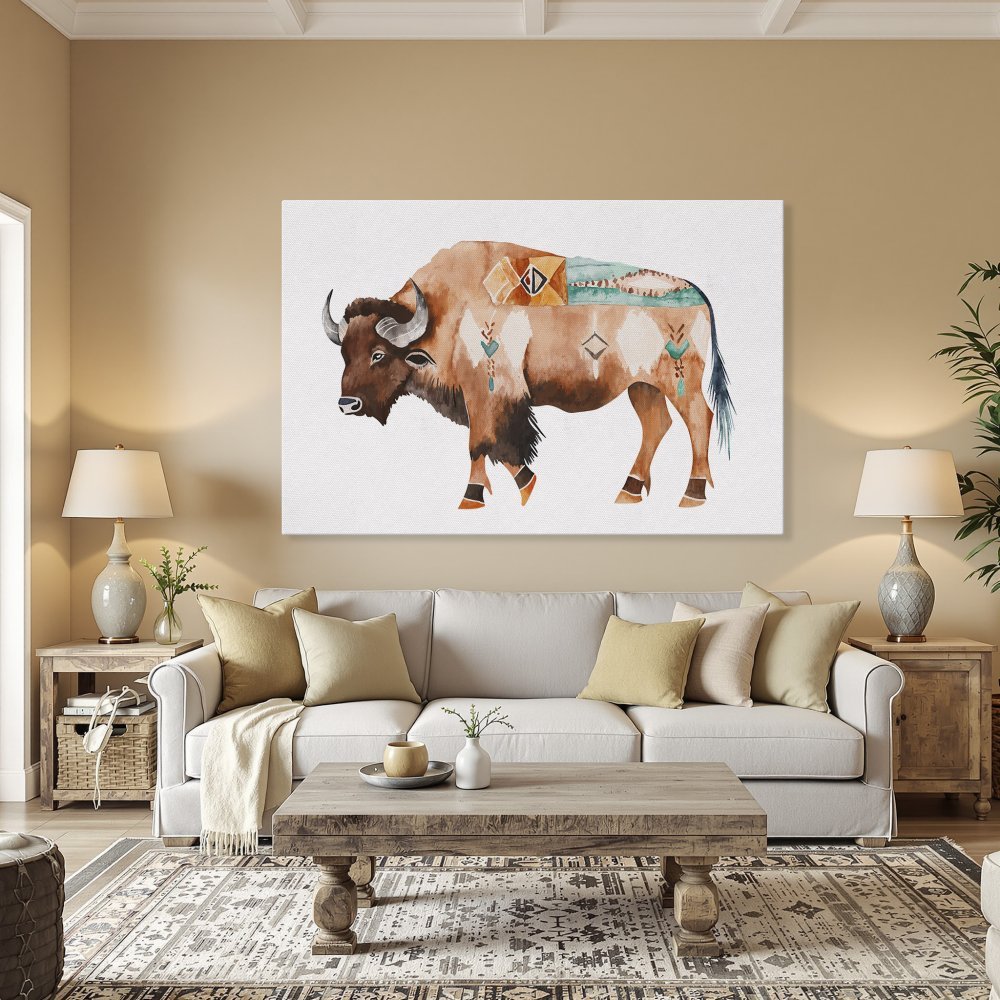 Framed Wall Art: Watercolor bison print in warm earth tones. Boho style canvas art for your home decor.