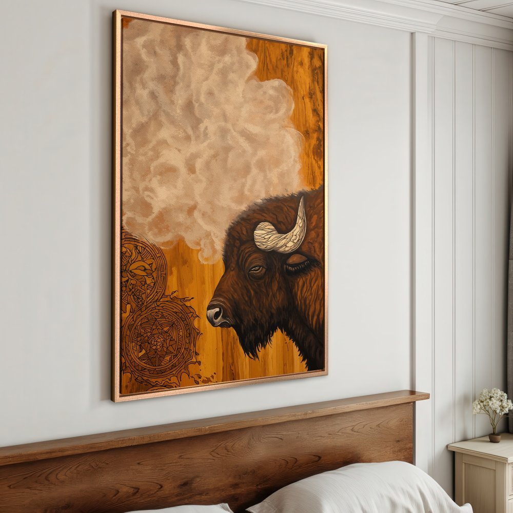 Framed Wall Art: Bison portrait in warm brown tones. Rustic style Canvas Print adds a touch of nature to any space.