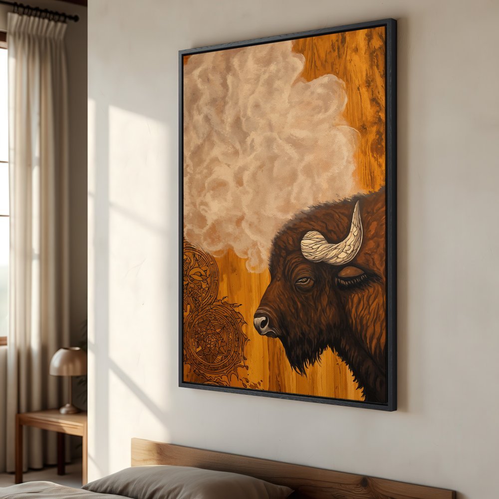 Framed Wall Art: Majestic bison art print in warm earth tones. Rustic style Canvas Print for a cozy, stylish home.