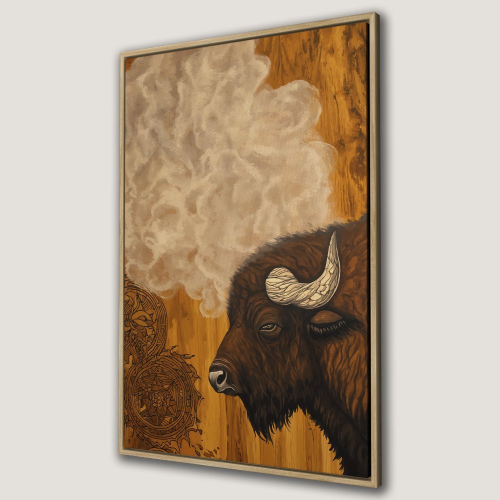 Framed Wall Art: Majestic bison portrait in warm earth tones. Rustic style Canvas Print for a cozy, nature-inspired home decor.