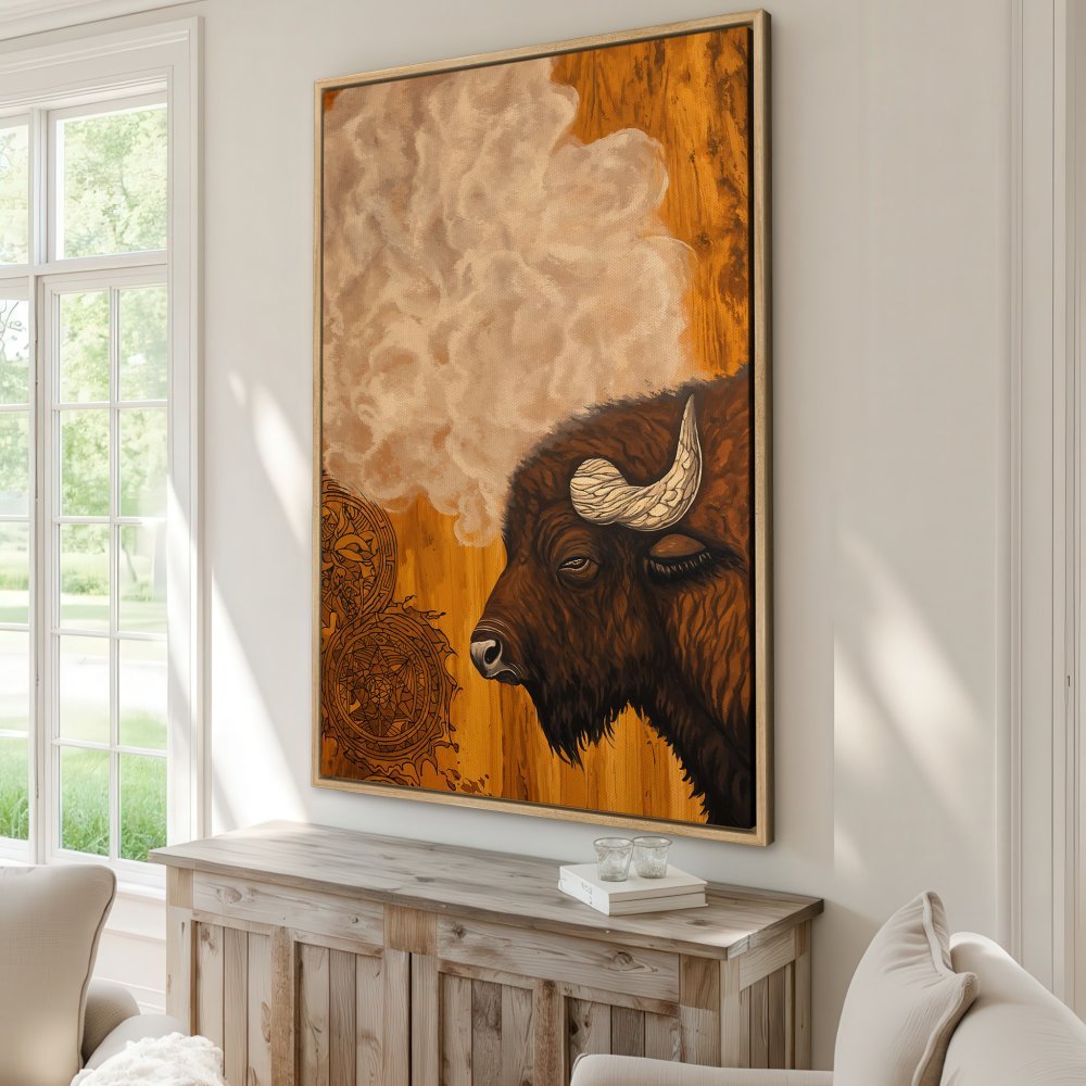 Framed Wall Art: Majestic bison portrait in warm brown tones. Rustic style Canvas Print adds a touch of nature to your home decor.