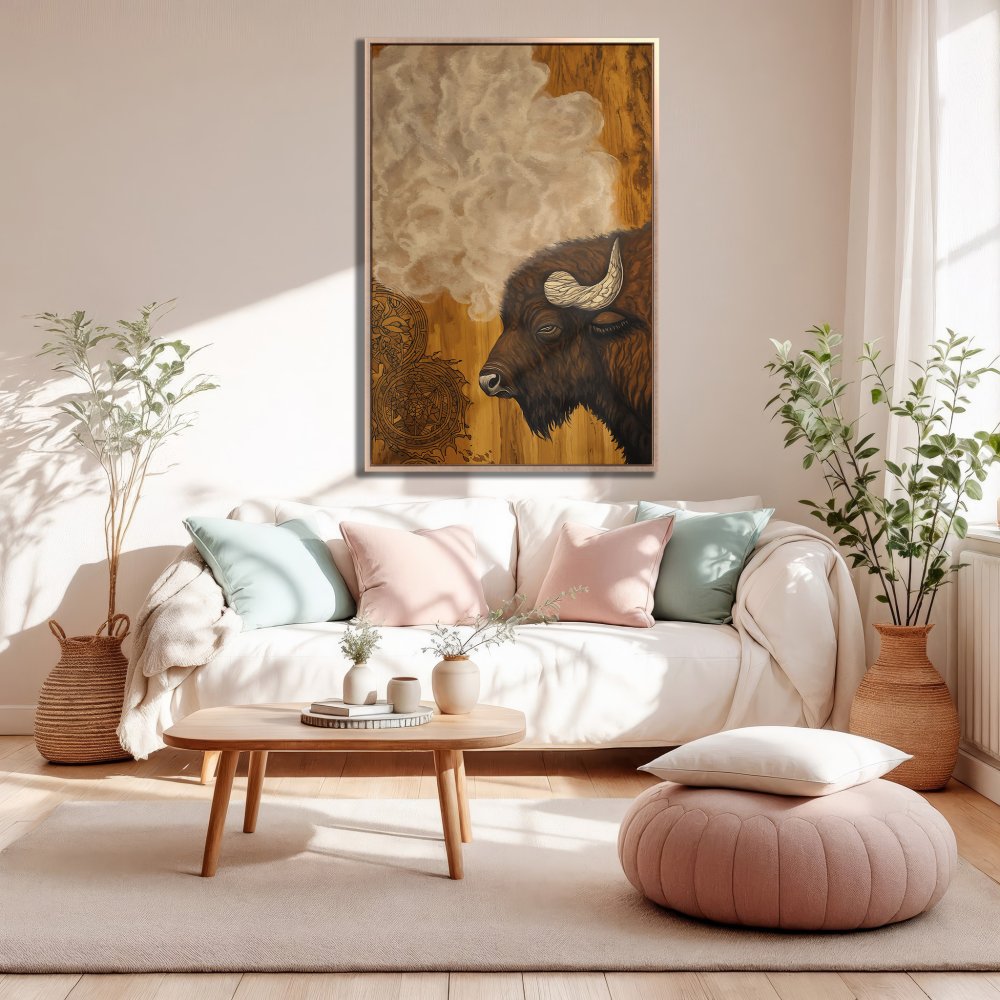 Framed Wall Art: Bison portrait in warm brown tones. Rustic style canvas print for living room decor. Shop now for unique wall art!